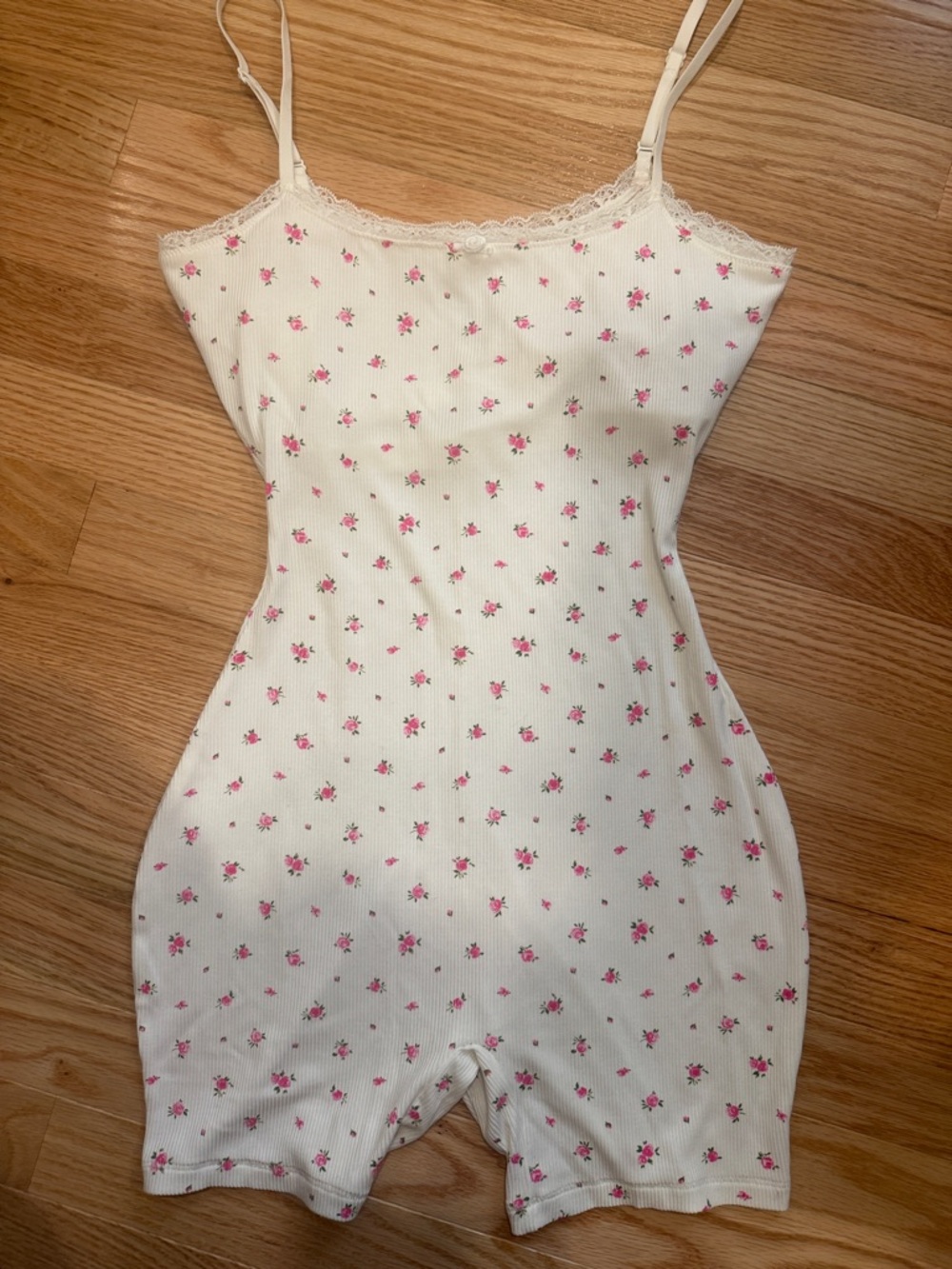 SKIMS Cream Ribbed Romper with Pink Rose Print